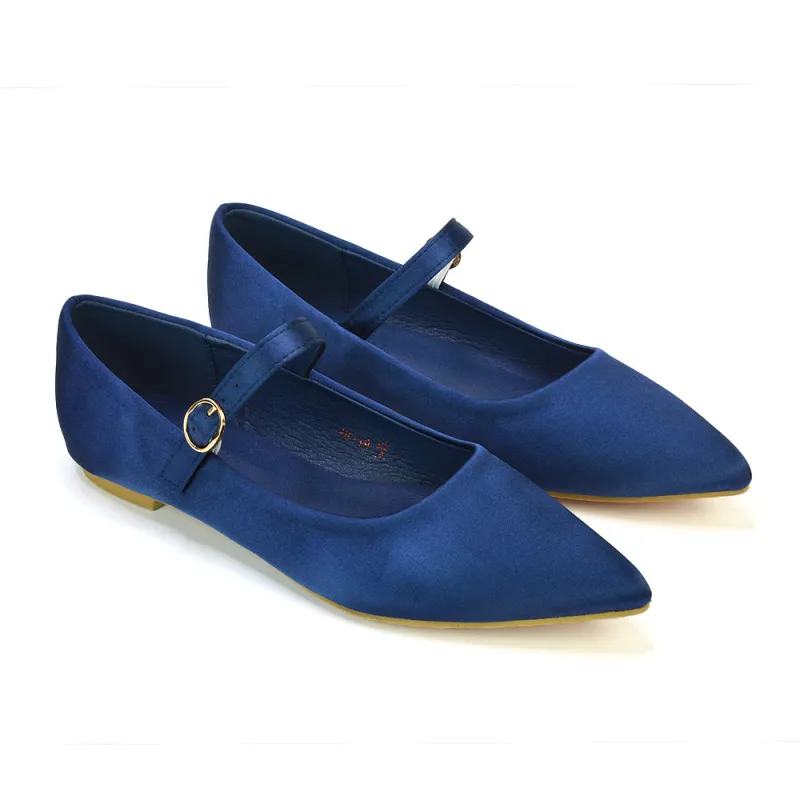 Aimee Pointed Toe Strappy Ballerina Pump Flat Shoes in Navy Satin sold by XYlondon