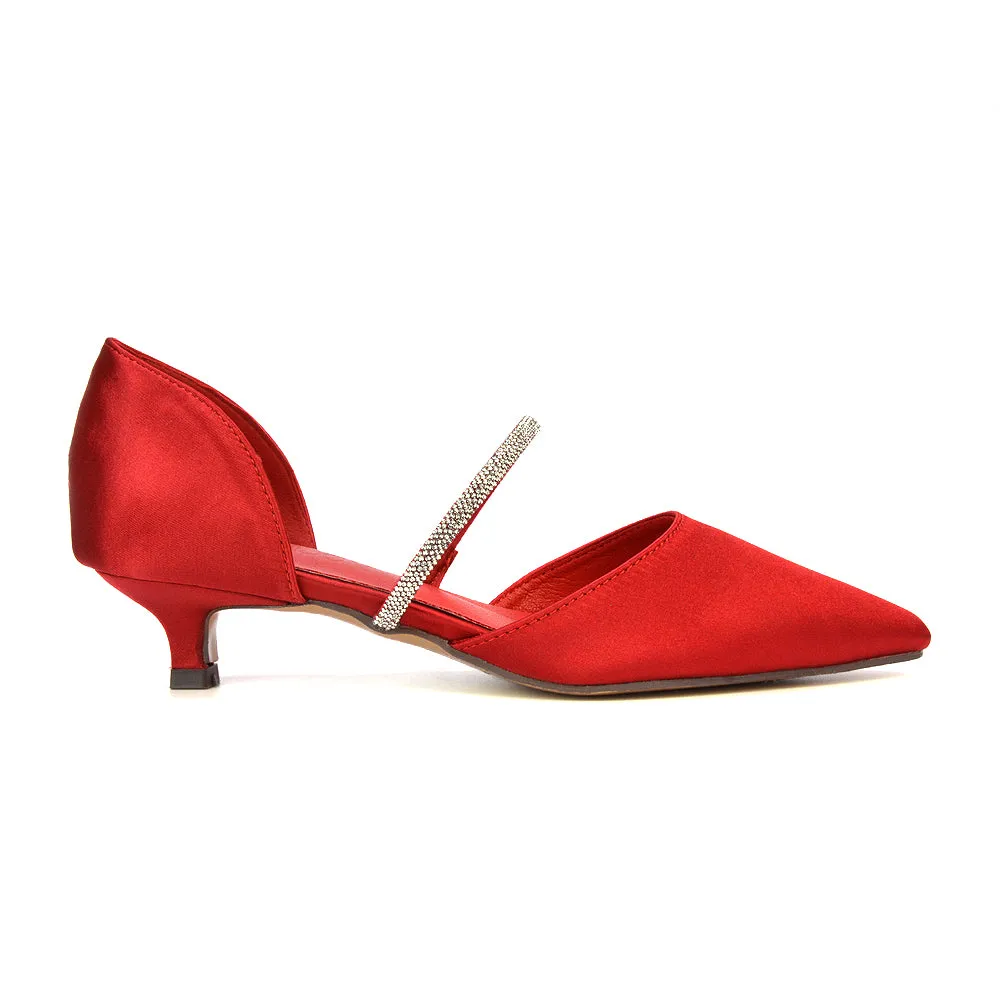 Laura Kitten Heel Diamante Pointed Toe Court Shoes Heels in Red sold by XYlondon