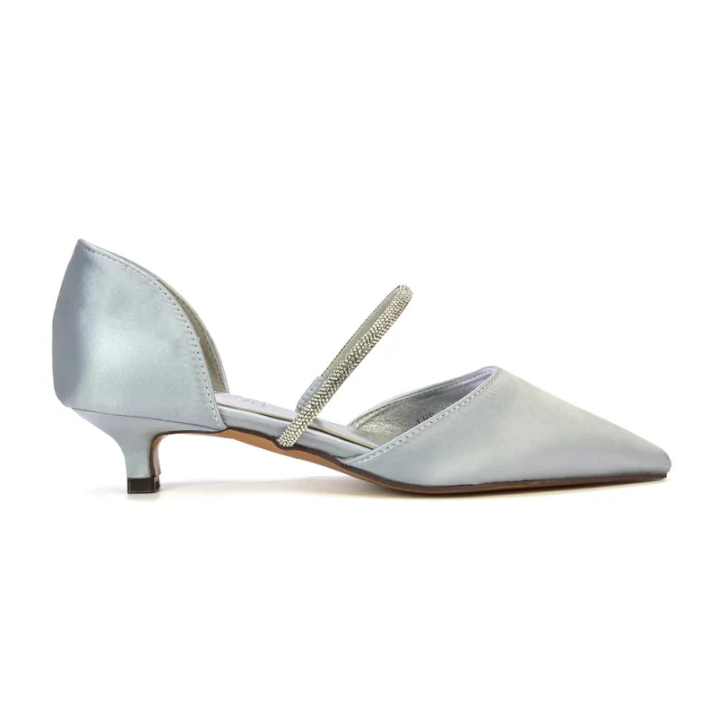 Laura Kitten Heel Diamante Pointed Toe Court Shoes Heels in Silver sold by XYlondon