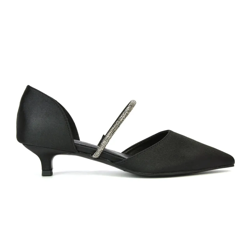 Laura Kitten Heel Diamante Pointed Toe Court Shoes Heels in Black made by XYlondon