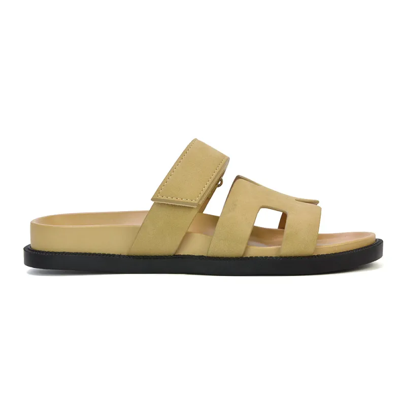 Lydia Cut Out Adjustable Strap Summer Flat Sandal Sliders in Beige sold by XYlondon