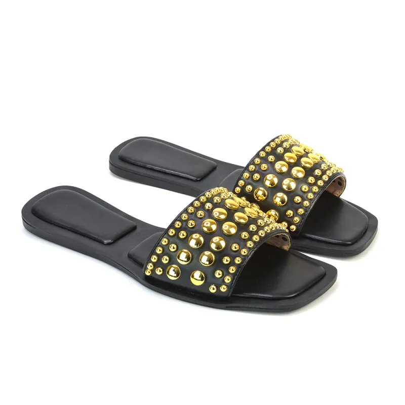 Elodie Studded Flat Heel Slide Sandals With Square Toe in Black sold by XYlondon
