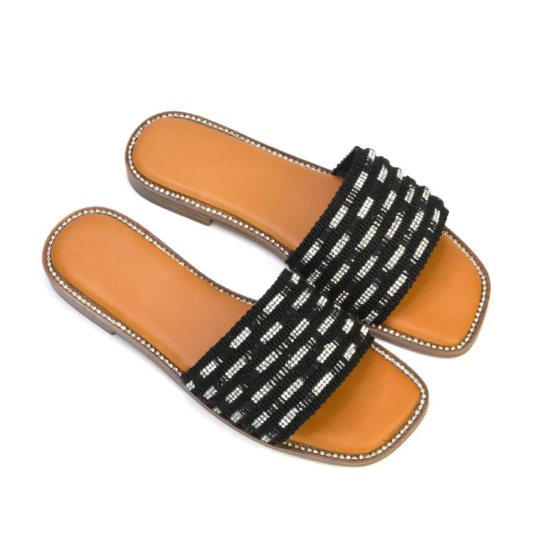 Alba Diamante Material Strap Square Toe Flat Sandals in Black sold by XYlondon