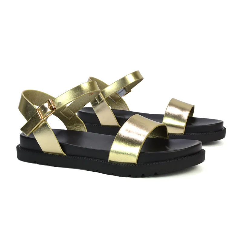 Grace Womens Flatform Ankle Buckle Strappy Summer Sandals in Gold Metallic sold by XYlondon