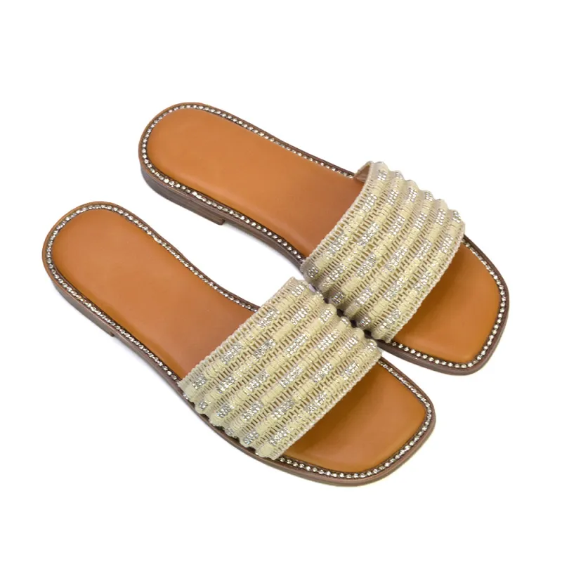 Alba Diamante Material Strap Square Toe Flat Sandals in Beige made by XYlondon