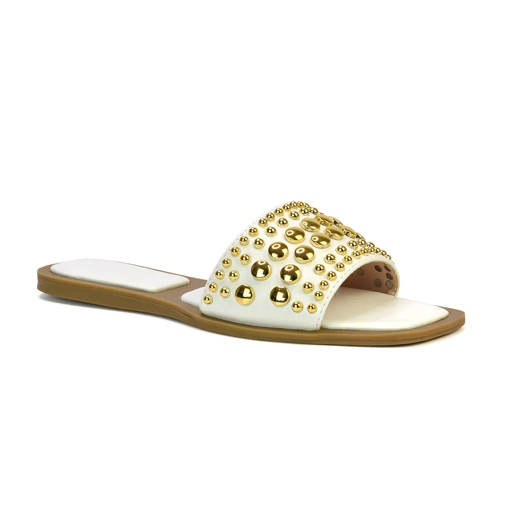 Elodie Studded Flat Heel Slide Sandals With Square Toe in White sold by XYlondon product image thumbnail 2