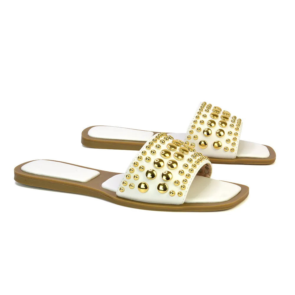 Elodie Studded Flat Heel Slide Sandals With Square Toe in White sold by XYlondon product image thumbnail 5