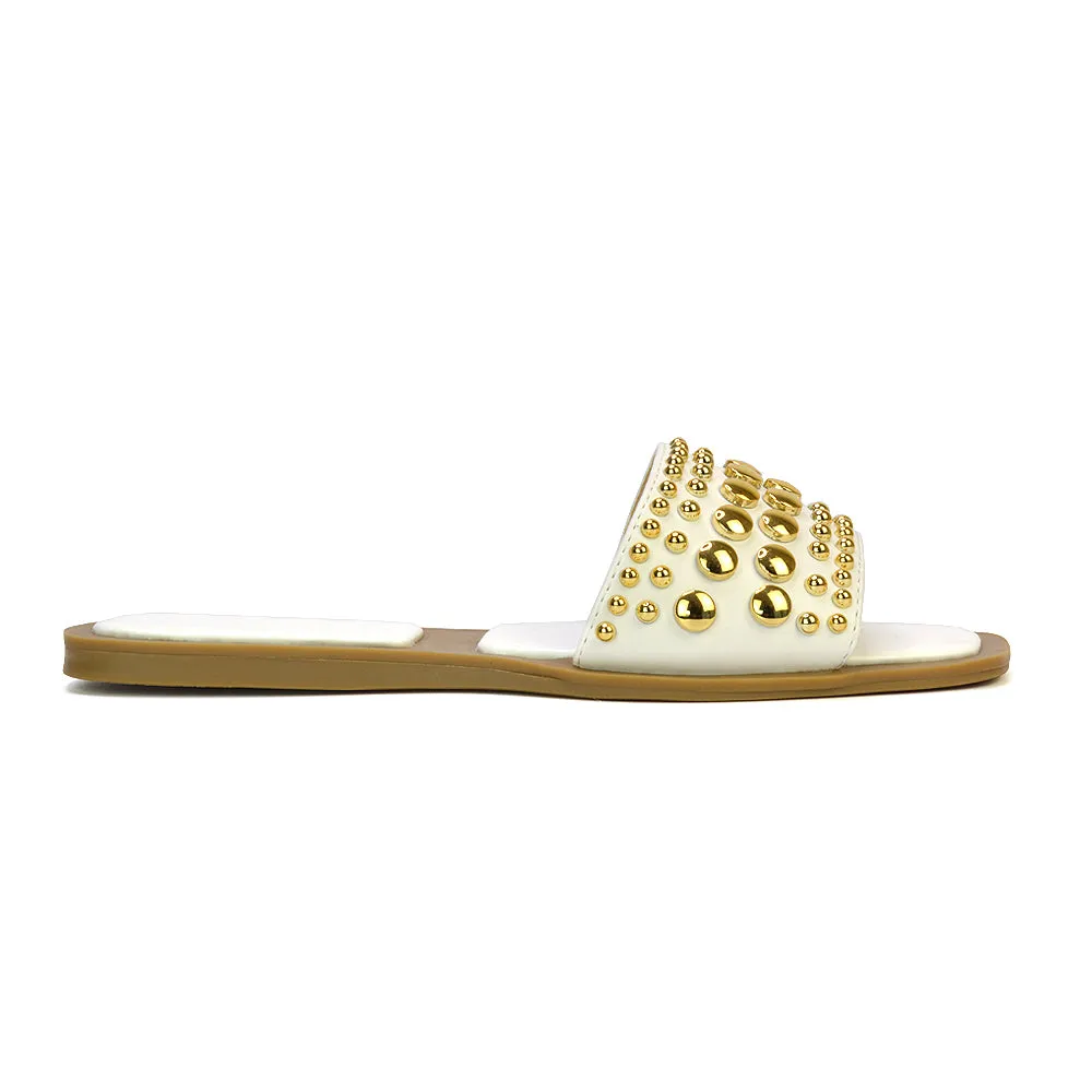 Elodie Studded Flat Heel Slide Sandals With Square Toe in White sold by XYlondon product image thumbnail 3