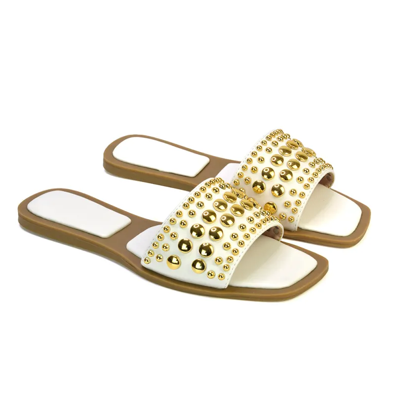 Elodie Studded Flat Heel Slide Sandals With Square Toe in White sold by XYlondon