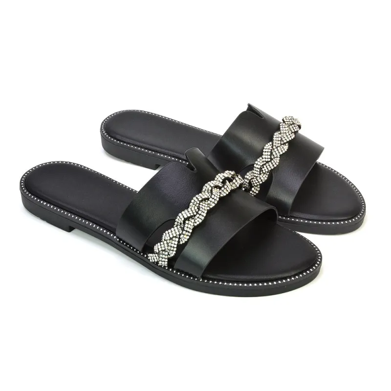 Josie Diamante Chain Slip On Summer Flat Sandals Sliders in Black sold by XYlondon