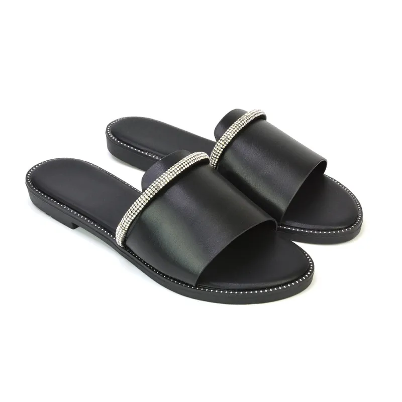 Khai Flat Sandal Summer Slip On Sliders With Diamante Rhinestone Strap in Black sold by XYlondon