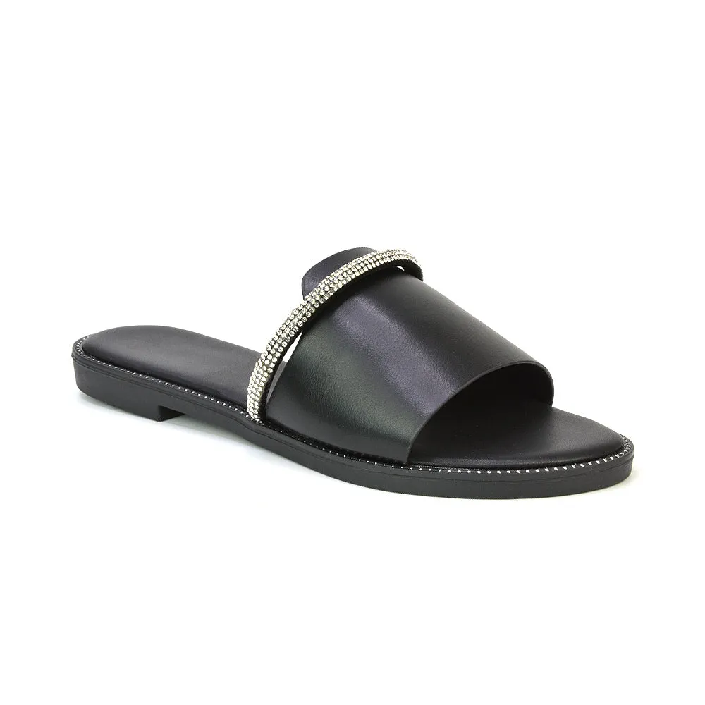 Khai Flat Sandal Summer Slip On Sliders With Diamante Rhinestone Strap in Black sold by XYlondon product image thumbnail 2