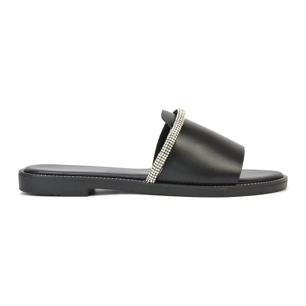 Khai Flat Sandal Summer Slip On Sliders With Diamante Rhinestone Strap in Black sold by XYlondon product image thumbnail 3