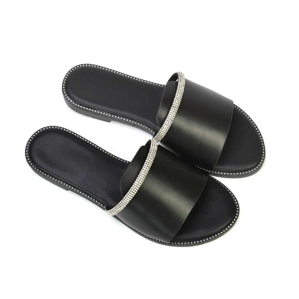 Khai Flat Sandal Summer Slip On Sliders With Diamante Rhinestone Strap in Black sold by XYlondon product image thumbnail 5