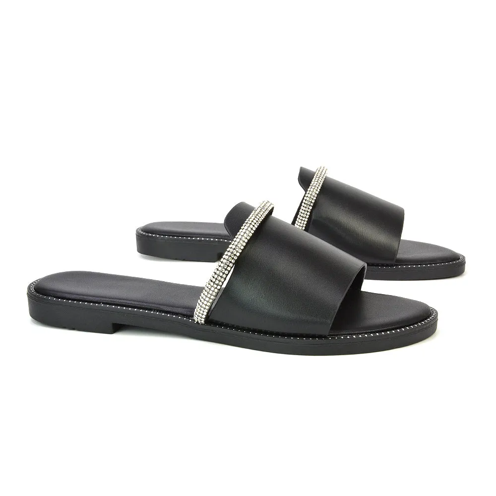 Khai Flat Sandal Summer Slip On Sliders With Diamante Rhinestone Strap in Black sold by XYlondon product image thumbnail 4