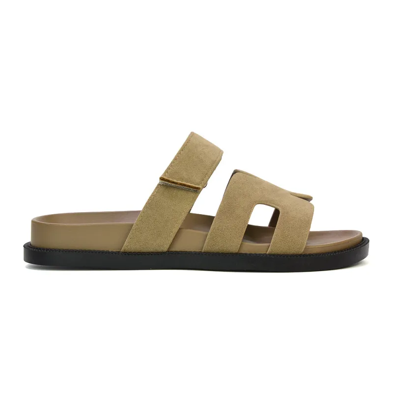 Lydia Cut Out Adjustable Strap Summer Flat Sandal Holiday Sliders in Taupe sold by XYlondon