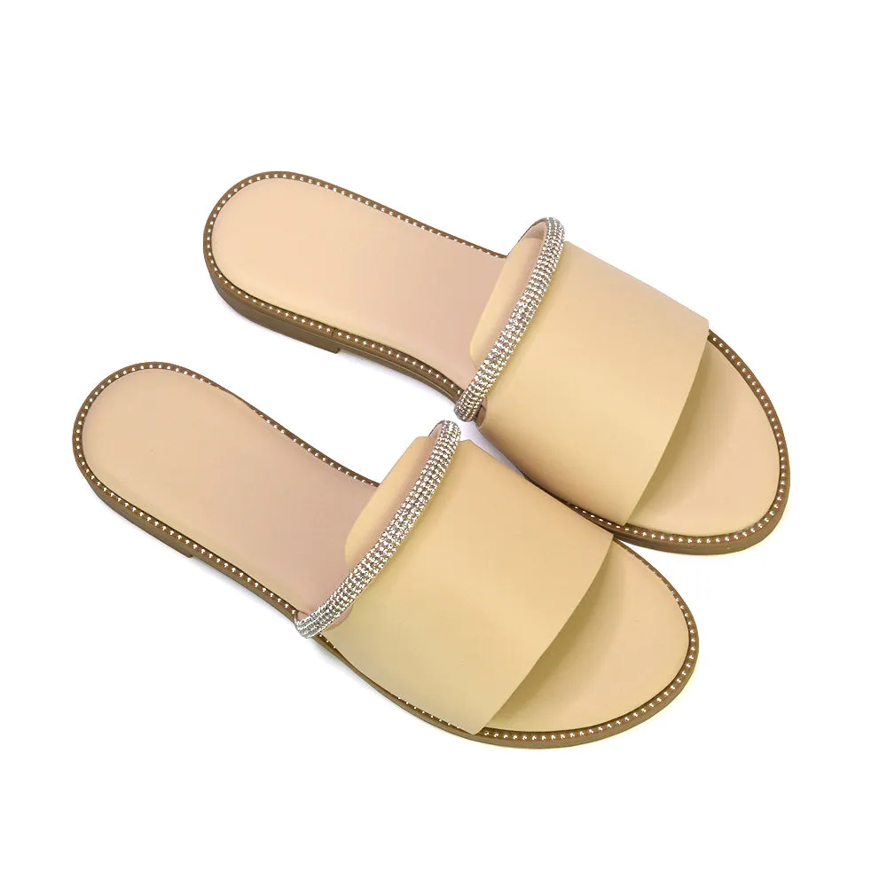 Khai Flat Sandal Summer Slip On Sliders With Diamante Rhinestone Strap in Nude sold by XYlondon
