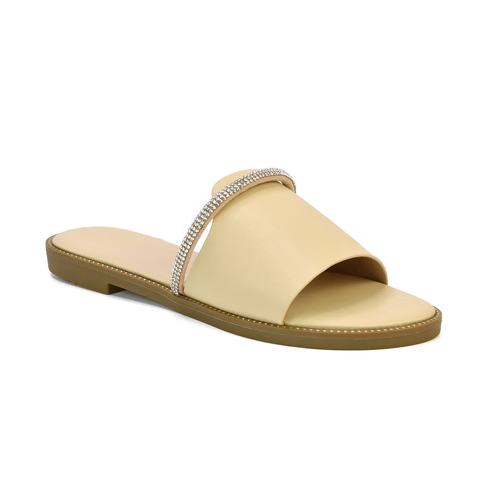 Khai Flat Sandal Summer Slip On Sliders With Diamante Rhinestone Strap in Nude sold by XYlondon product image thumbnail 3