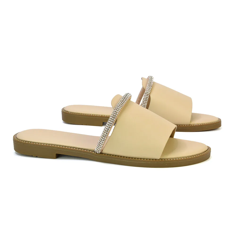 Khai Flat Sandal Summer Slip On Sliders With Diamante Rhinestone Strap in Nude sold by XYlondon product image thumbnail 5
