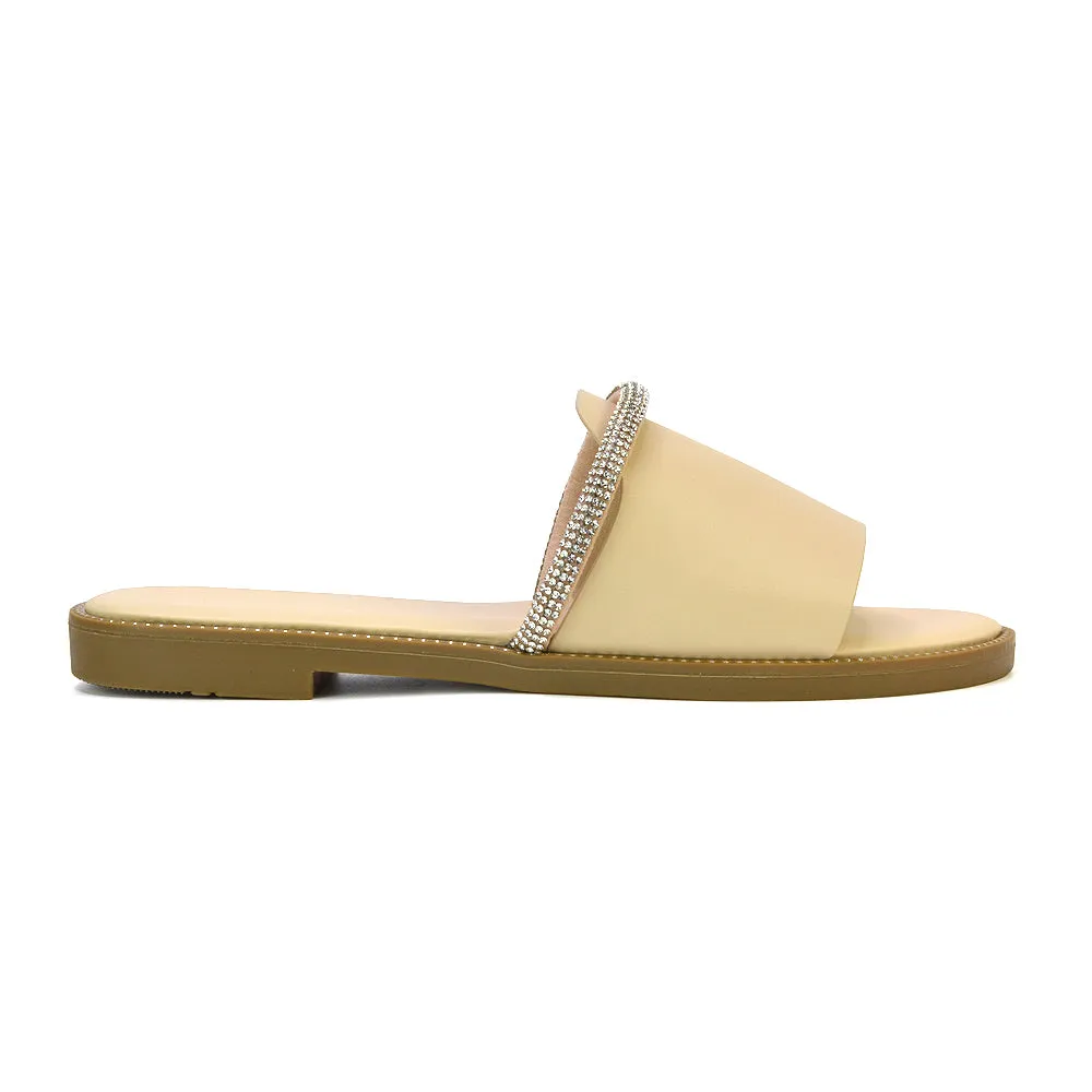 Khai Flat Sandal Summer Slip On Sliders With Diamante Rhinestone Strap in Nude sold by XYlondon product image thumbnail 2