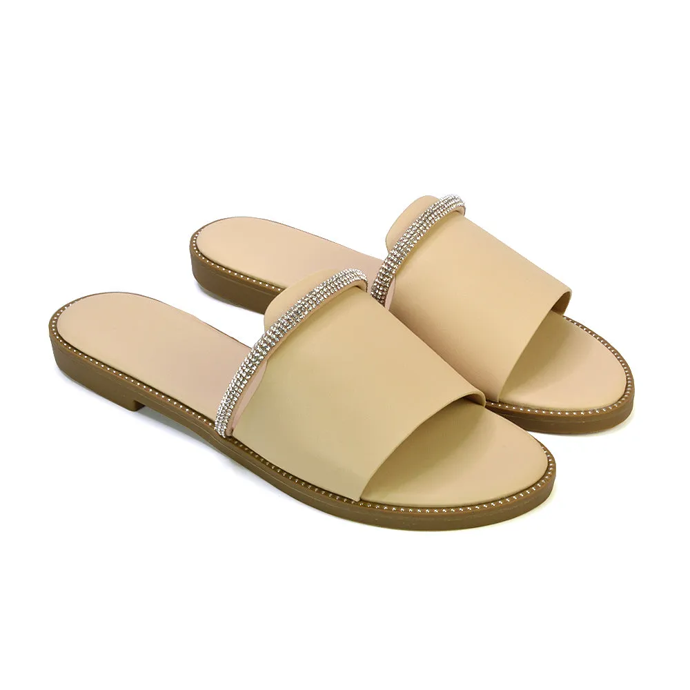 Khai Flat Sandal Summer Slip On Sliders With Diamante Rhinestone Strap in Nude sold by XYlondon product image thumbnail 4