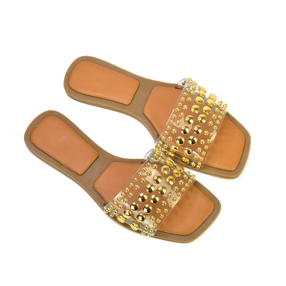 Elodie Studded Flat Heel Slide Sandals With Square Toe in Clear sold by XYlondon product image thumbnail 4