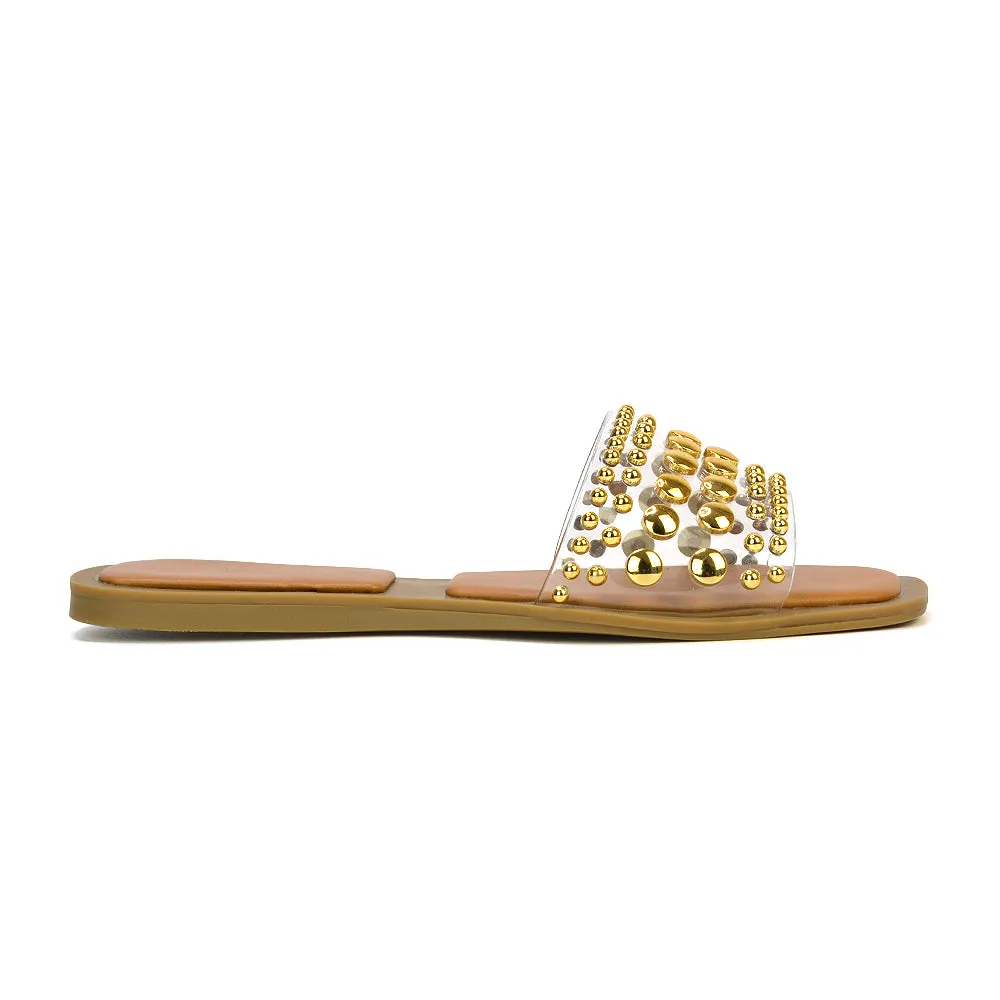 Elodie Studded Flat Heel Slide Sandals With Square Toe in Clear sold by XYlondon product image thumbnail 3