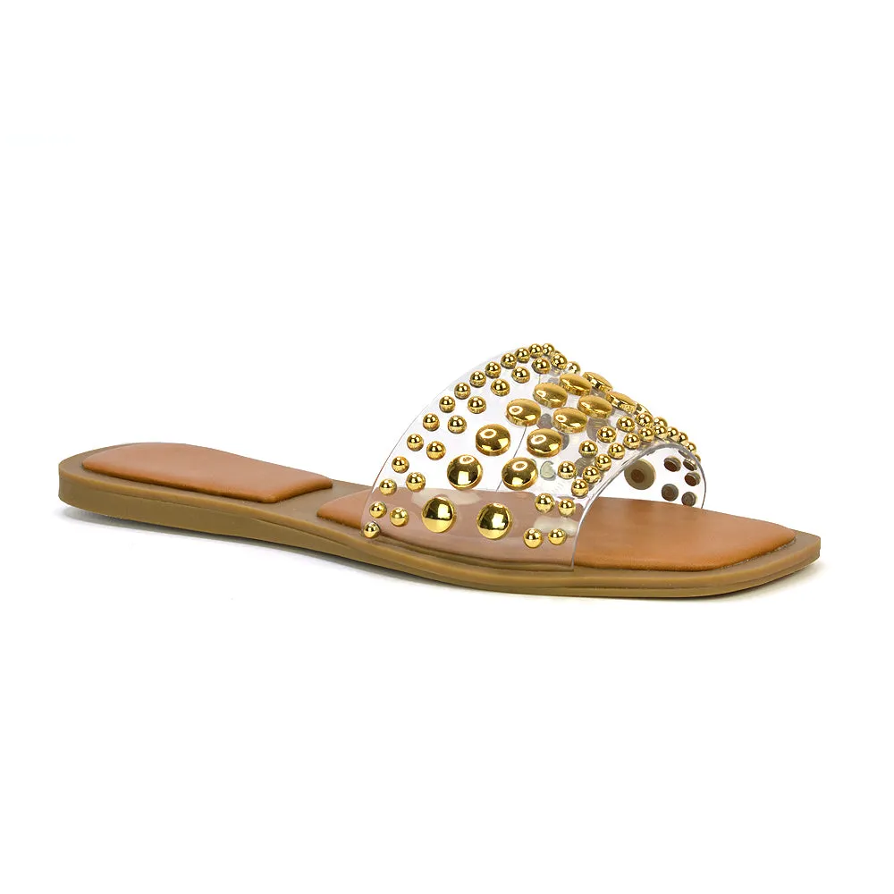 Elodie Studded Flat Heel Slide Sandals With Square Toe in Clear sold by XYlondon product image thumbnail 2