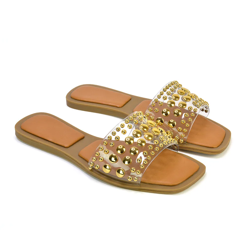 Elodie Studded Flat Heel Slide Sandals With Square Toe in Clear sold by XYlondon