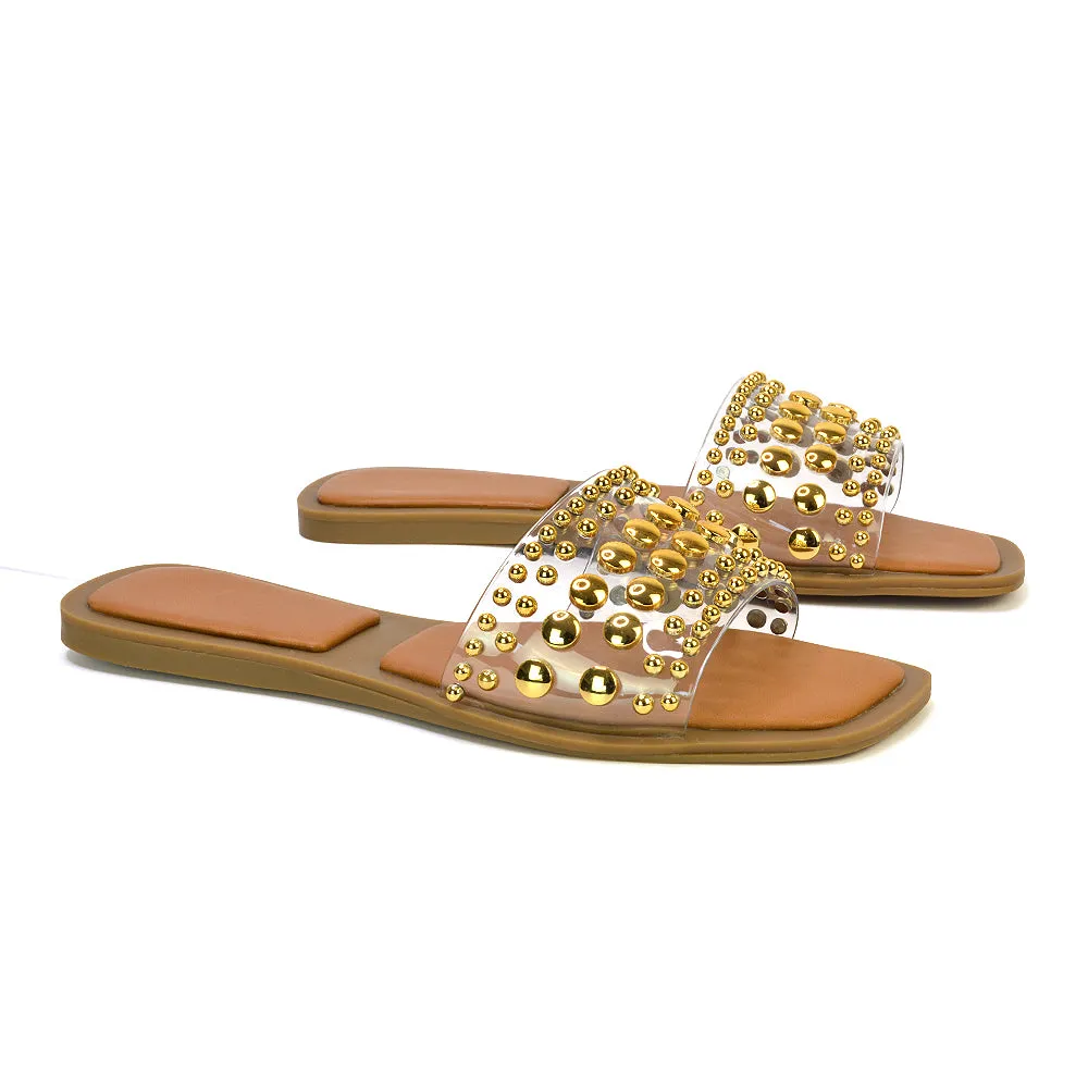 Elodie Studded Flat Heel Slide Sandals With Square Toe in Clear sold by XYlondon product image thumbnail 5