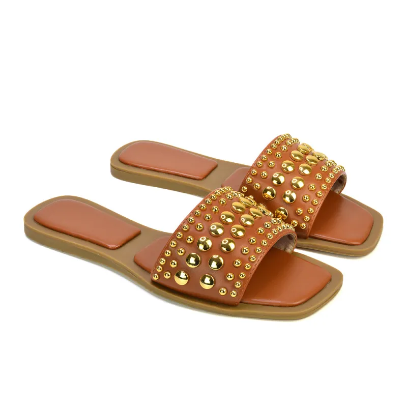 Elodie Studded Flat Heel Slide Sandals With Square Toe in Tan sold by XYlondon