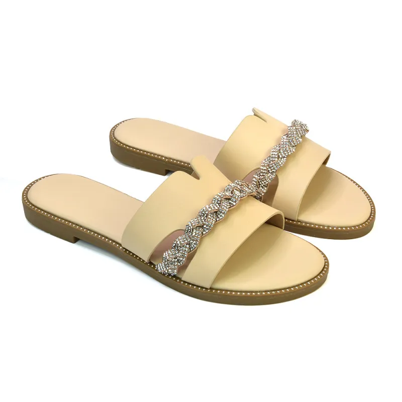 Josie Diamante Chain Slip On Summer Flat Sandals Sliders in Nude sold by XYlondon