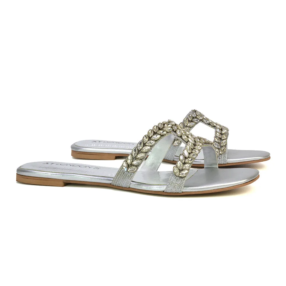 Kane Slip On Cut Out Square Toe Diamante Flat Sandals Sliders in Silver sold by XYlondon product image thumbnail 4
