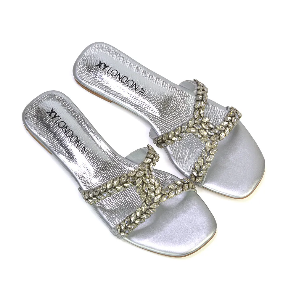 Kane Slip On Cut Out Square Toe Diamante Flat Sandals Sliders in Silver sold by XYlondon