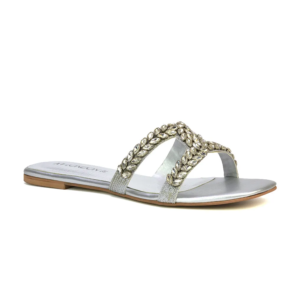 Kane Slip On Cut Out Square Toe Diamante Flat Sandals Sliders in Silver sold by XYlondon product image thumbnail 2
