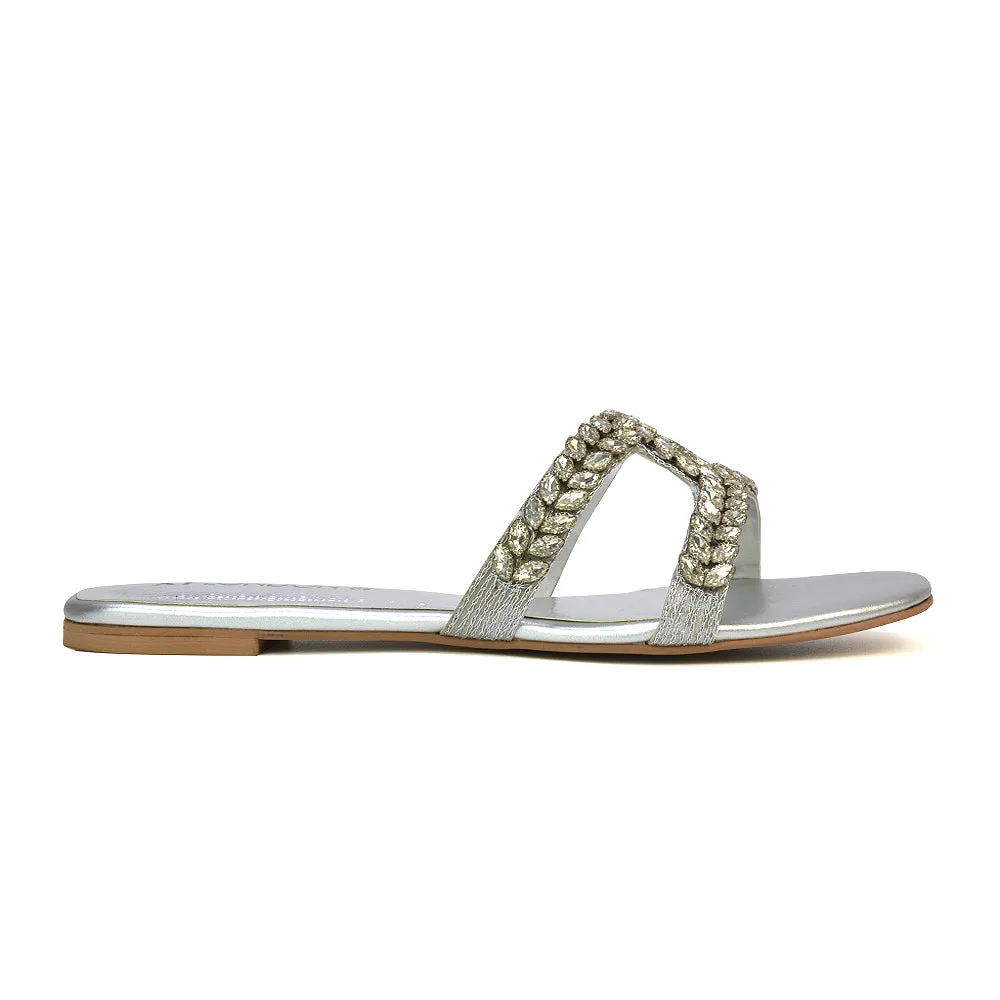 Kane Slip On Cut Out Square Toe Diamante Flat Sandals Sliders in Silver sold by XYlondon product image thumbnail 3