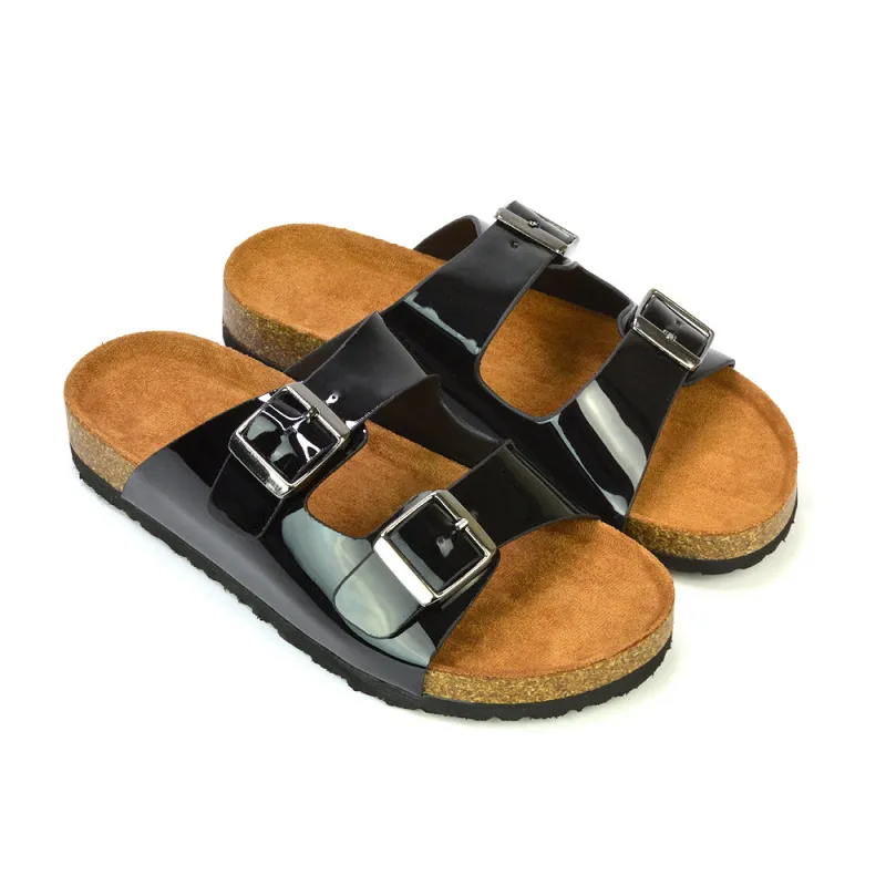 Star Double Buckle Strap Flat Slider Casual Footbed Summer Mule Holiday Sandals in Black Patent sold by XYlondon