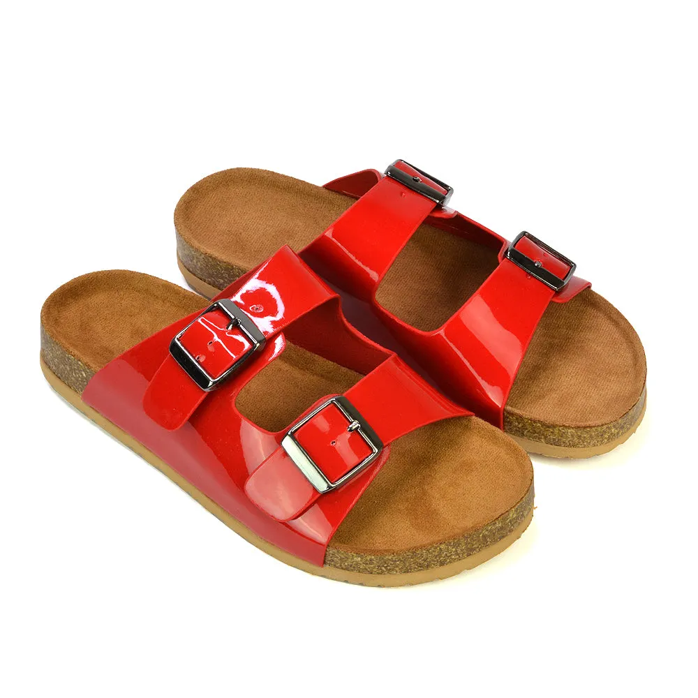 Star Double Buckle Strap Flat Slider Casual Footbed Summer Mule Sandals in Red Patent sold by XYlondon product image thumbnail 5