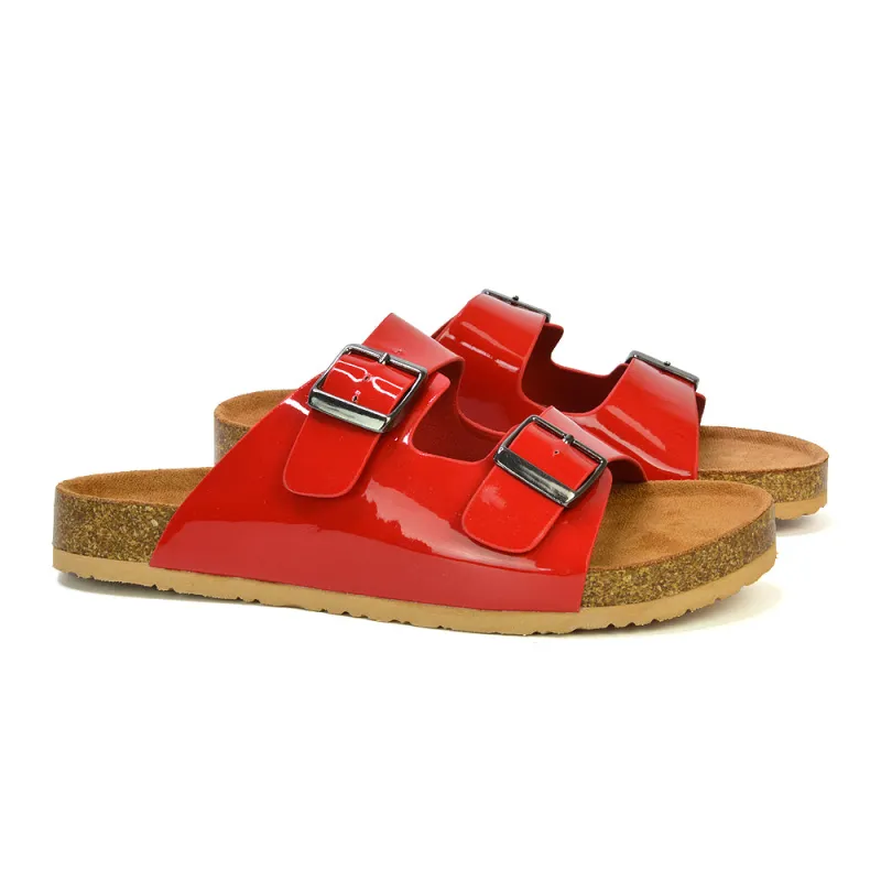 Star Double Buckle Strap Flat Slider Casual Footbed Summer Mule Sandals in Red Patent sold by XYlondon