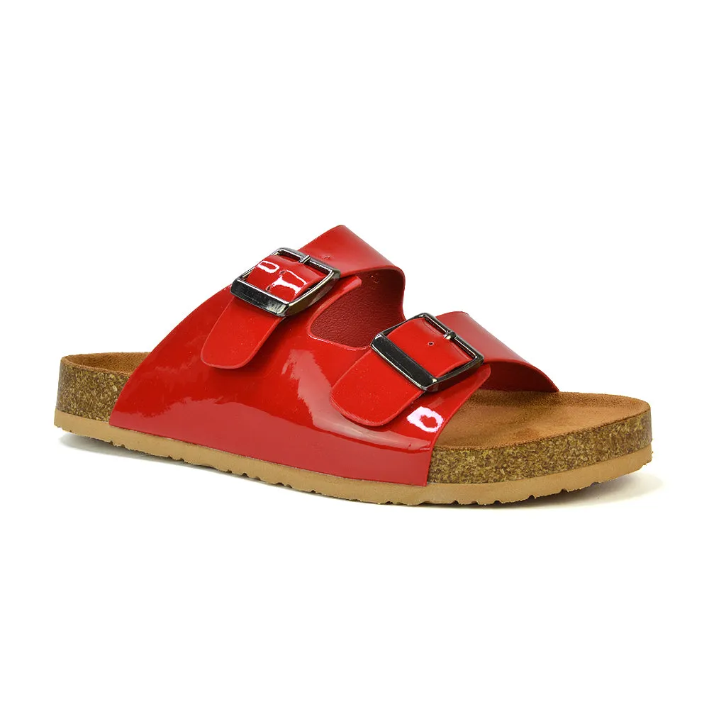 Star Double Buckle Strap Flat Slider Casual Footbed Summer Mule Sandals in Red Patent sold by XYlondon product image thumbnail 2