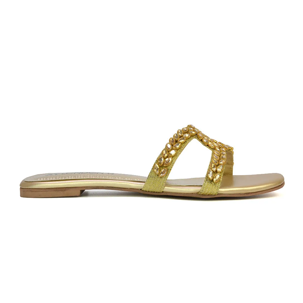 Kane Slip On Cut Out Square Toe Diamante Flat Sandals Sliders in Gold sold by XYlondon product image thumbnail 3