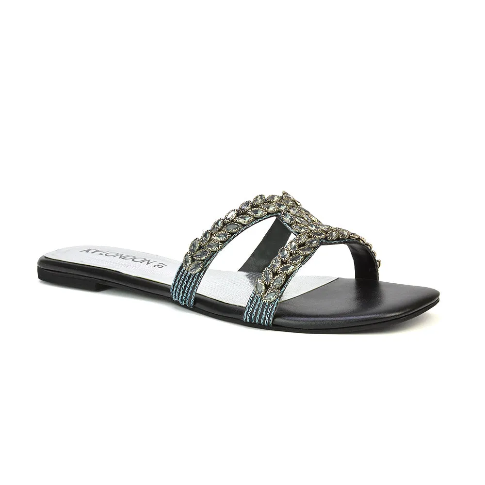 Kane Slip On Cut Out Square Toe Diamante Flat Sandals Sliders in Black sold by XYlondon product image thumbnail 2