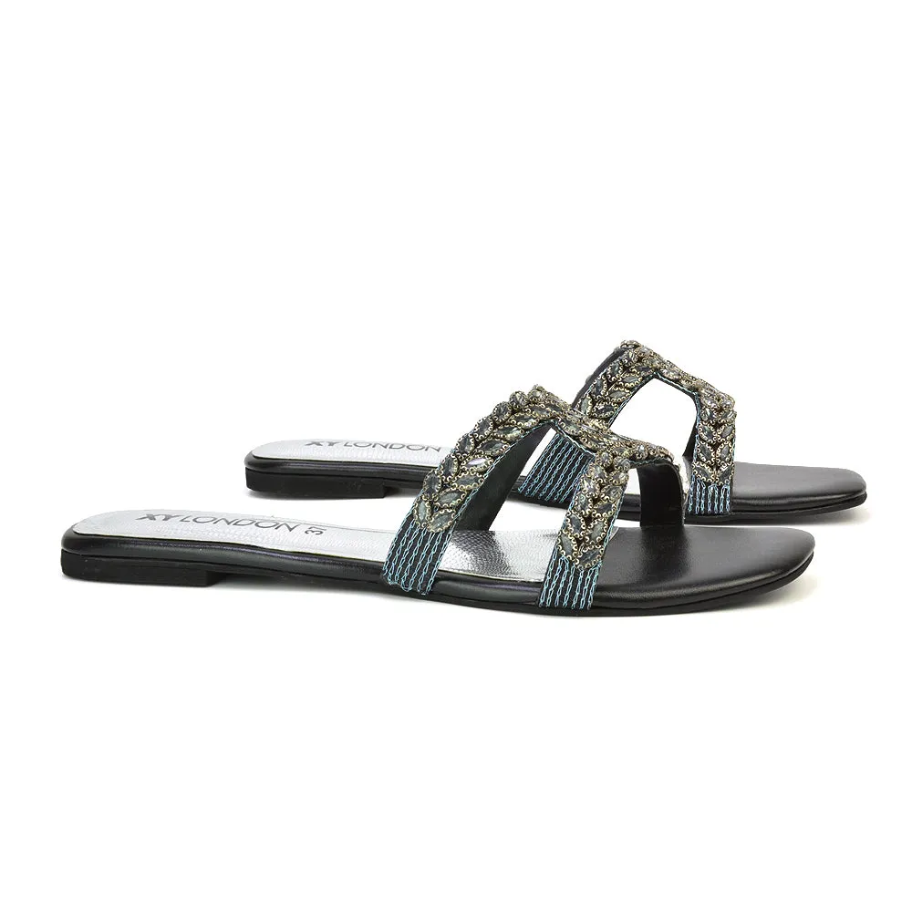 Kane Slip On Cut Out Square Toe Diamante Flat Sandals Sliders in Black sold by XYlondon