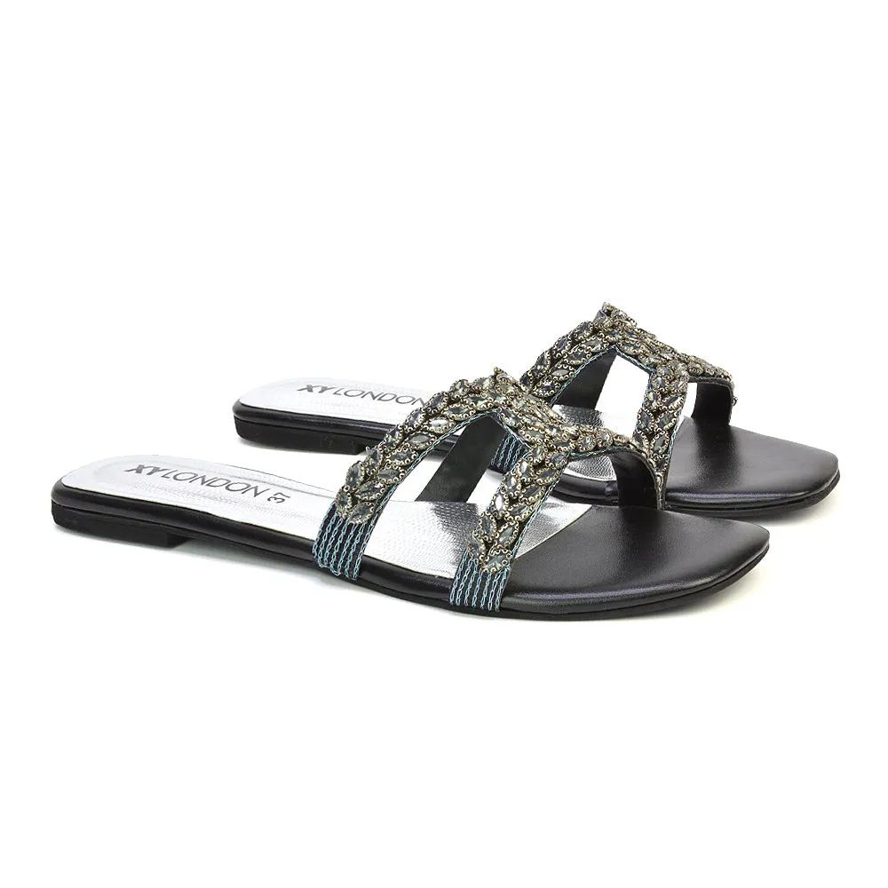 Kane Slip On Cut Out Square Toe Diamante Flat Sandals Sliders in Black sold by XYlondon product image thumbnail 4