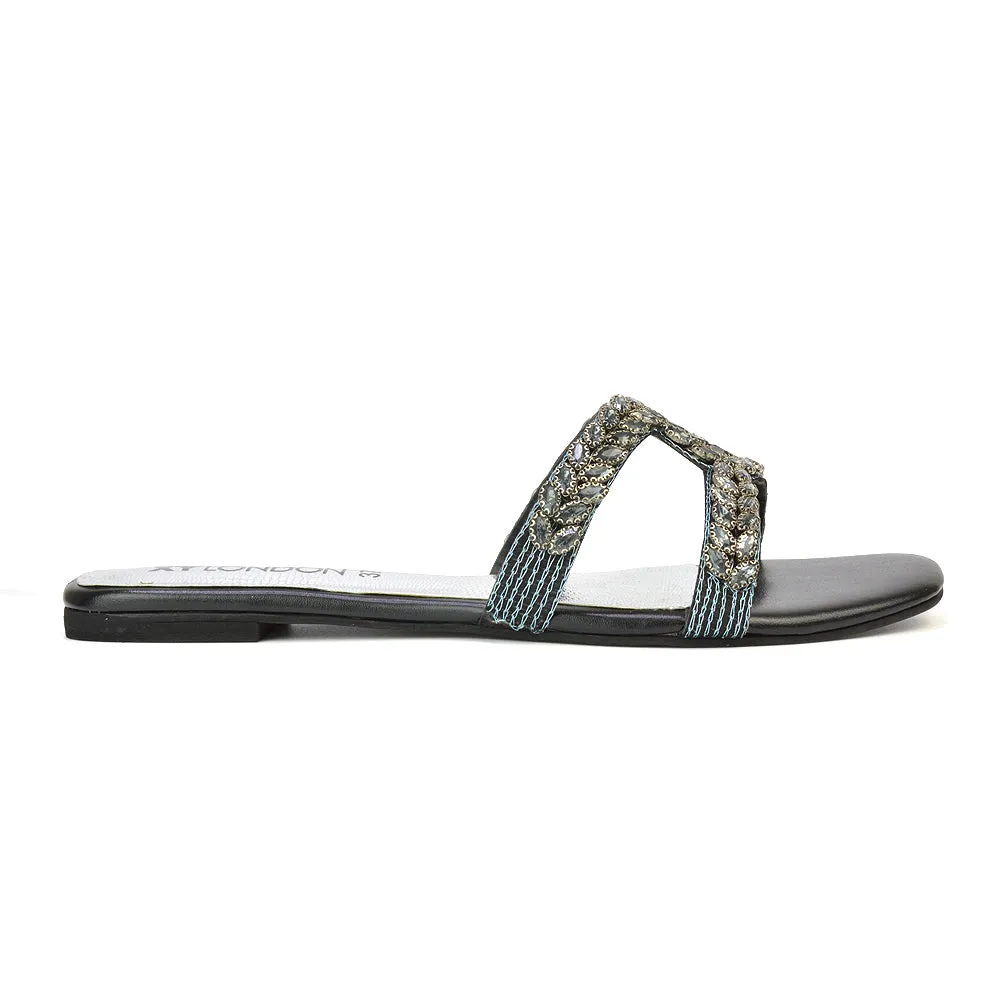 Kane Slip On Cut Out Square Toe Diamante Flat Sandals Sliders in Black sold by XYlondon product image thumbnail 3
