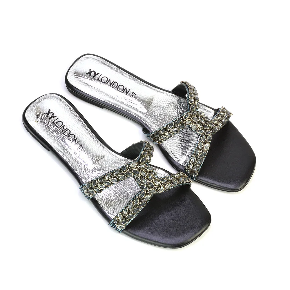 Kane Slip On Cut Out Square Toe Diamante Flat Sandals Sliders in Black sold by XYlondon product image thumbnail 5