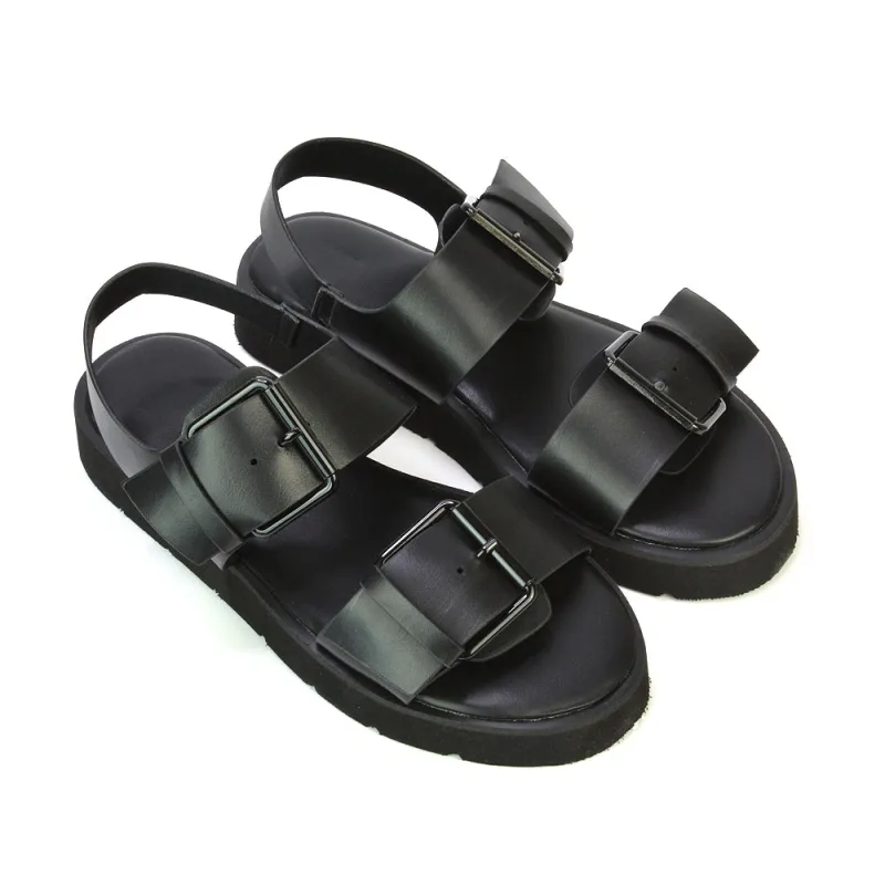 Melina Double Buckle Up Slingback Strappy Flatform Flat Sandals in Black made by XYlondon