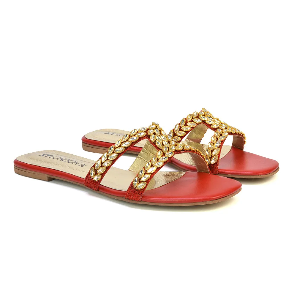 Kane Slip On Cut Out Square Toe Diamante Flat Sandals Sliders in Red sold by XYlondon product image thumbnail 4