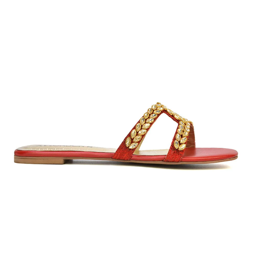 Kane Slip On Cut Out Square Toe Diamante Flat Sandals Sliders in Red sold by XYlondon product image thumbnail 3