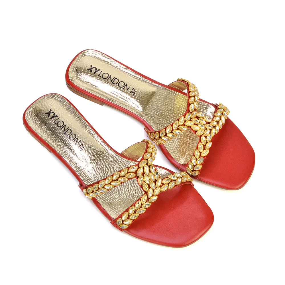 Kane Slip On Cut Out Square Toe Diamante Flat Sandals Sliders in Red sold by XYlondon product image thumbnail 5